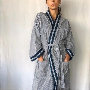 State O'Maine Women OSFM Blue White Striped Cotton Blend Kimono Belted Robe